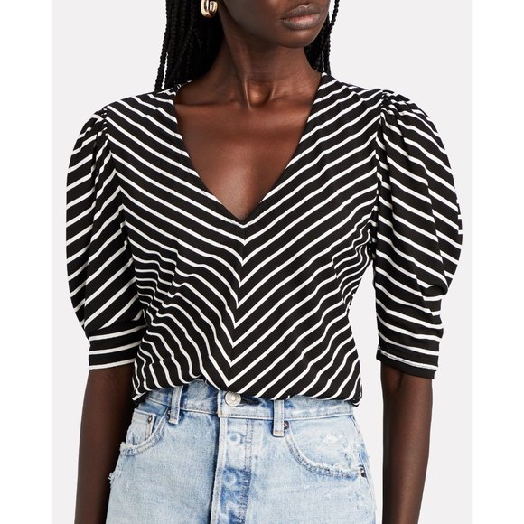 Frame Denim Tops - Frame Womens Size Medium Shirred Stripe Puff Sleeve Top in Black/White 1795